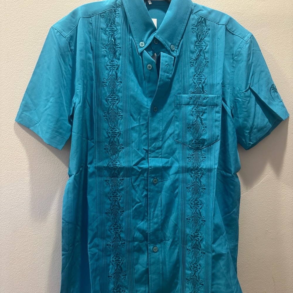 Men's Short-Sleeve Embroidered Button-Down Shirt - Teal